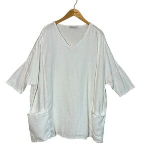 CUT LOOSE Women One Size White Linen Cotton Vneck Tunic Top Pockets Lagenlook